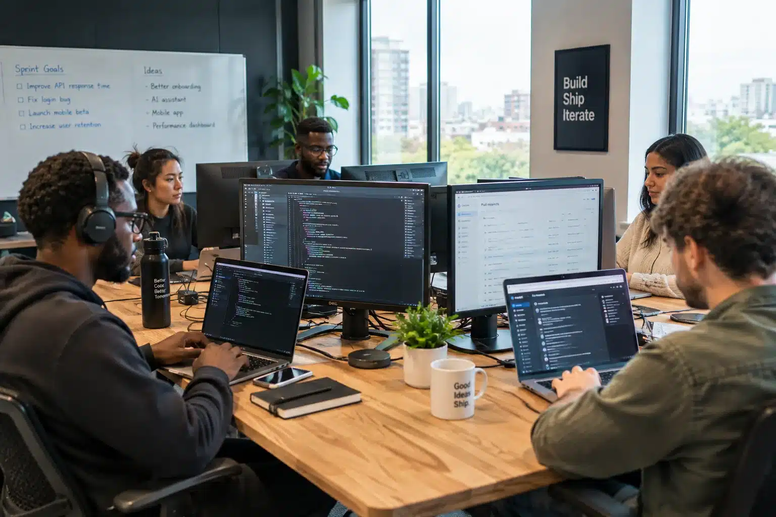 The Twenty97 team reviewing code and designs together