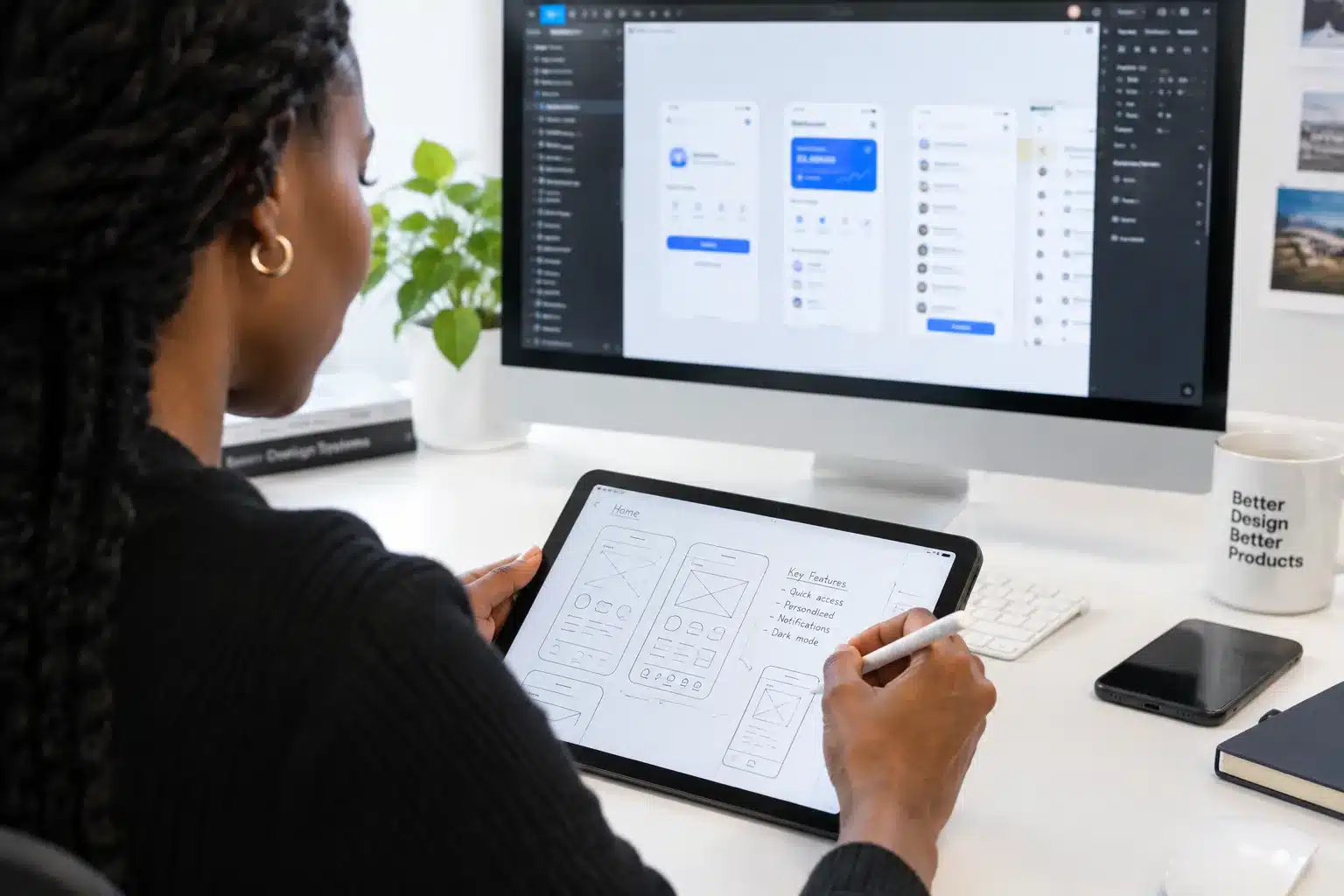 Designer sketching app wireframes on a tablet